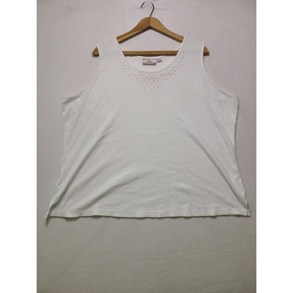 Quacker Factory 1X Tank Top Embellished Rhinestone White Cotton Sleeveless